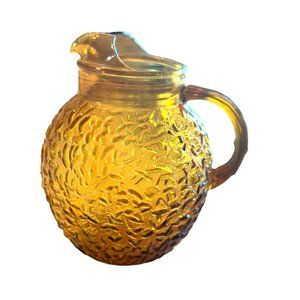 Vintage MCM Anchor Hocking Amber Milano Honey Gold‎ Pitcher 9”. Crinkle Glass